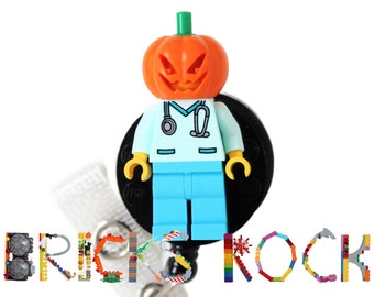 Jack O' Lantern - Aqua Scrubs Nurse/Doctor - Badge Reel made with LEGO® - Halloween