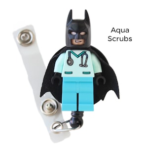 Batman™ Nurse Doctor Scrubs Badge Reel made with LEGO® Minifigure™ Pediatric ID Badge Holder Superhero Aqua Scrubs