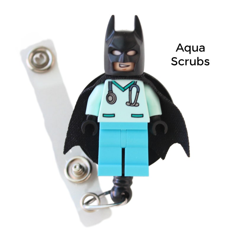 Batman™ Nurse Doctor Scrubs Badge Reel made with LEGO® Minifigure™ Pediatric ID Badge Holder Superhero Aqua Scrubs