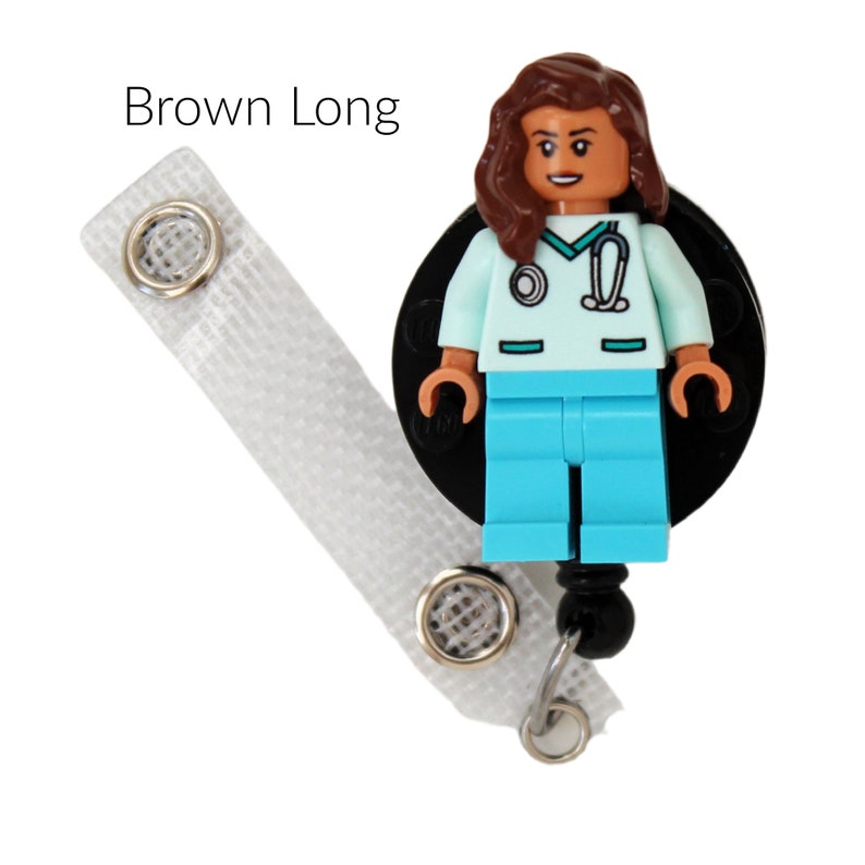 Nurse Doctor Aqua Scrubs Nougat Skin Badge Reel made with LEGO® Minifigure™ Female Pediatric ID Badge Holder Brown Long