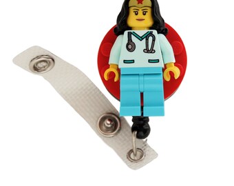 Wonder Woman™ Nurse Doctor Aqua Scrubs Badge Reel Made With LEGO®  Minifigure™ Pediatric ID Badge Holder Superhero 