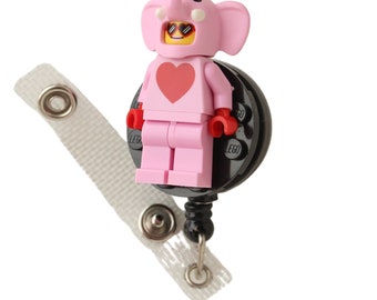 Pink Love Elephant Heart Badge Reel made with LEGO Minifigure Pediatric ID Badge Holder
