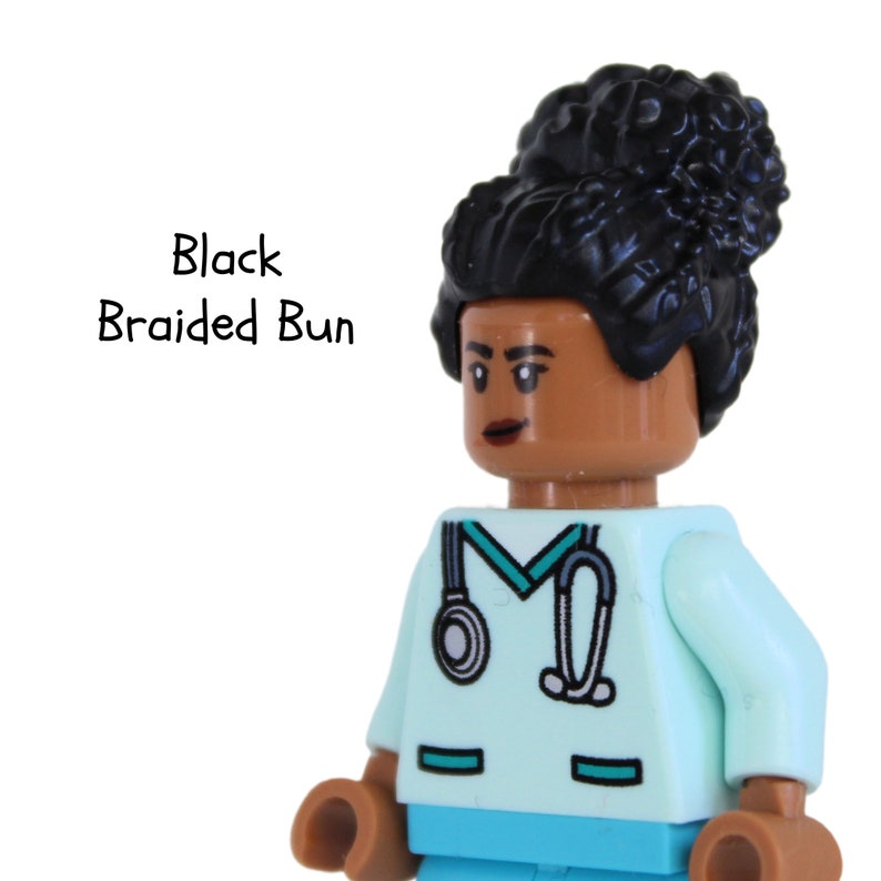 Nurse Doctor Aqua Scrubs Badge Reel made with LEGO® Minifigure™ Light Brown Skin Female Pediatric ID Badge Holder Black Braided Bun