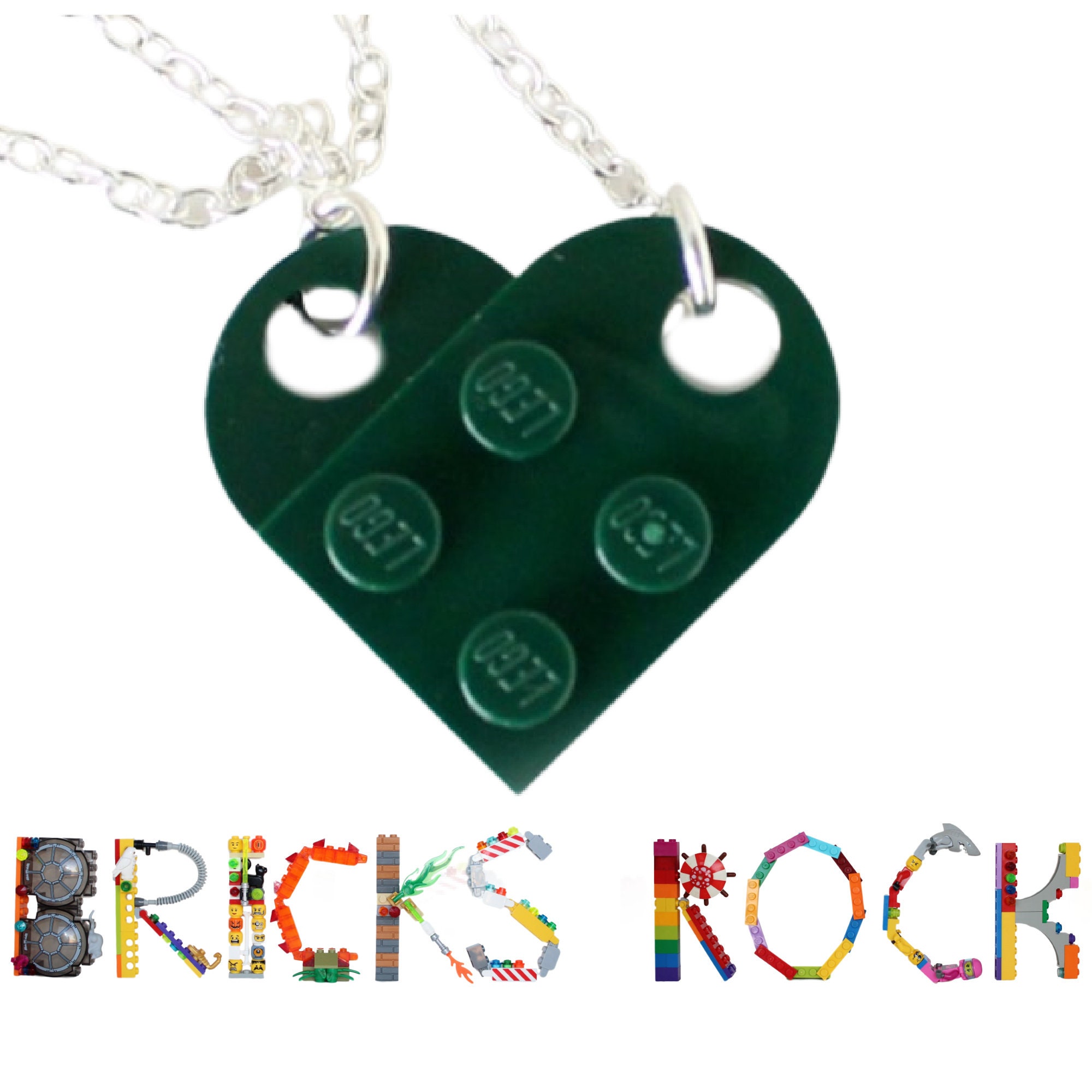 Heart Necklace Made With LEGO Pieces HUNTER Green BFF Friendship