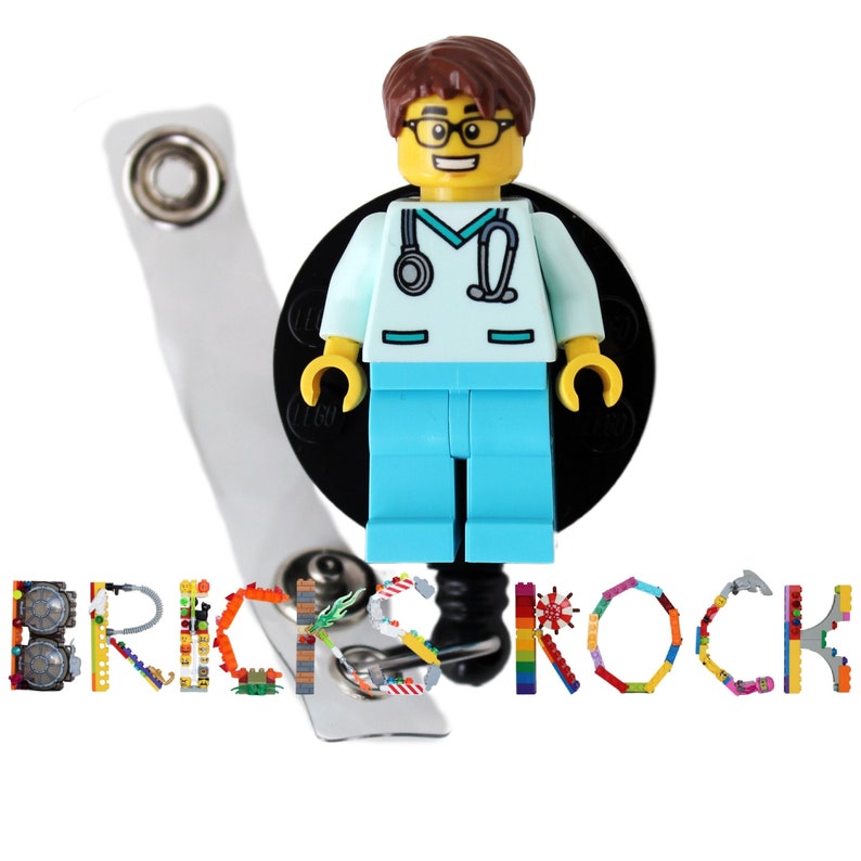 GLASSES Male Nurse Doctor Aqua Scrubs with Glasses Badge Reel made with LEGO® Minifigure™ Male Pediatric ID Badge Holder image 1