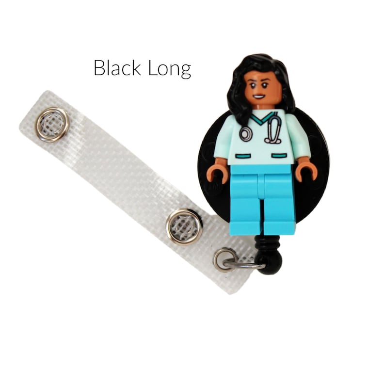 Nurse Doctor Aqua Scrubs Nougat Skin Badge Reel made with LEGO® Minifigure™ Female Pediatric ID Badge Holder Black Long