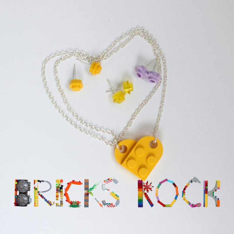 Yellow heart necklace and a pair of stud earrings Jewelry made with LEGO\u00ae pieces- Mother/'s Day gift Mother/'s Day jewelry Love