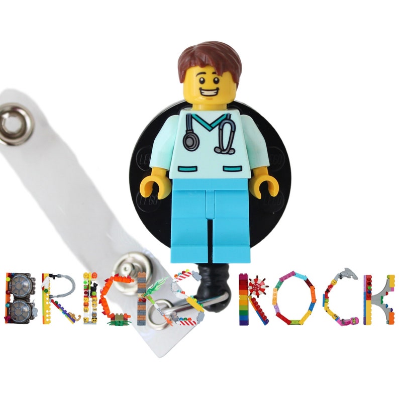 Bobine d'insigne d'infirmière docteur Aqua Scrubs faite avec LEGO® Minifigure™ Homme Pédiatrie Porte-badge d'identité image 1