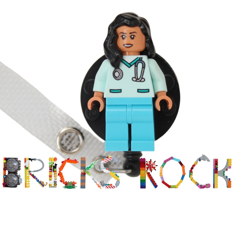 Nurse Doctor Aqua Scrubs Nougat Skin Badge Reel made with LEGO® Minifigure™ Female Pediatric ID Badge Holder image 1