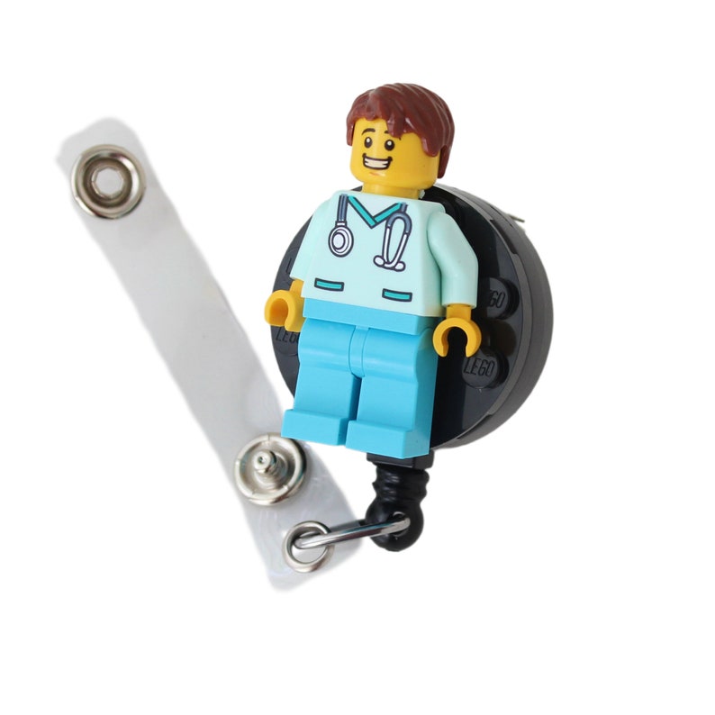 Bobine d'insigne d'infirmière docteur Aqua Scrubs faite avec LEGO® Minifigure™ Homme Pédiatrie Porte-badge d'identité image 2
