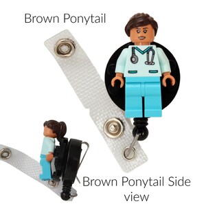 Nurse Doctor Aqua Scrubs Nougat Skin Badge Reel made with LEGO® Minifigure™ Female Pediatric ID Badge Holder Brown Ponytail