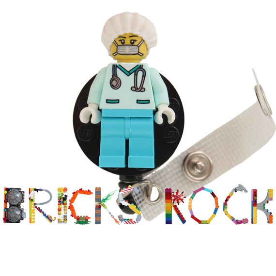 Surgeon Aqua Scrubs Badge Reel made with LEGO Minifigure Female Pediatric ID Badge Holder Surgical