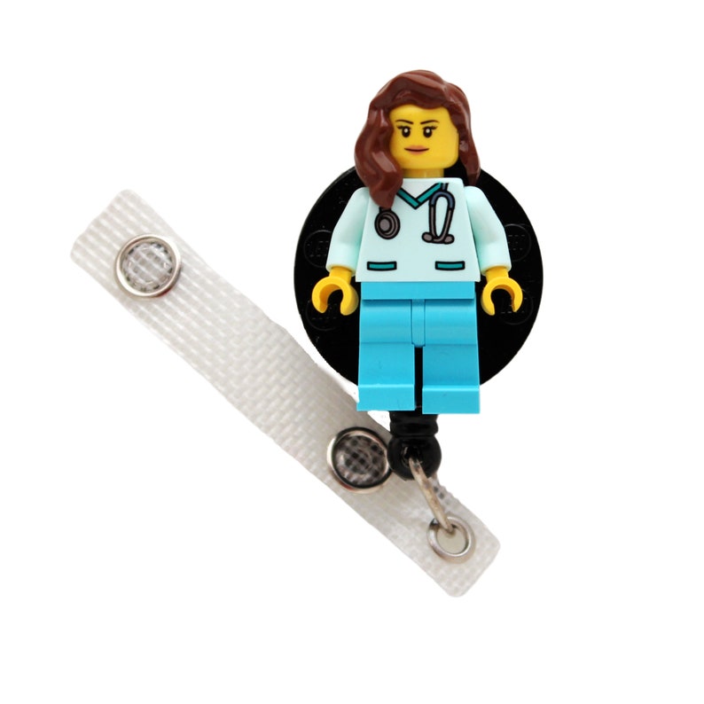 Nurse Doctor Aqua Scrubs Badge Reel made with LEGO® Minifigure™ Female Pediatric ID Badge Holder image 2