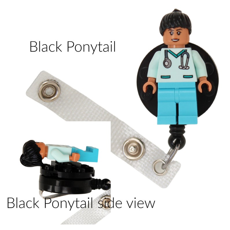 Nurse Doctor Aqua Scrubs Nougat Skin Badge Reel made with LEGO® Minifigure™ Female Pediatric ID Badge Holder Black Ponytail
