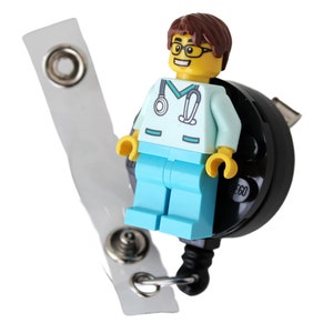 GLASSES Male Nurse Doctor Aqua Scrubs with Glasses Badge Reel made with LEGO® Minifigure™ Male Pediatric ID Badge Holder image 2