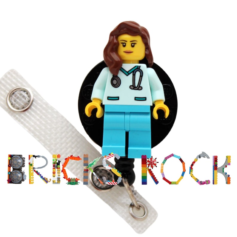 Nurse Doctor Aqua Scrubs Badge Reel made with LEGO® Minifigure™ Female Pediatric ID Badge Holder image 1