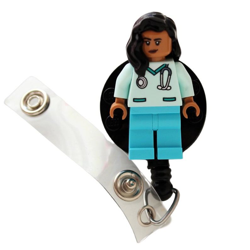 Nurse Doctor Aqua Scrubs Badge Reel made with LEGO® Minifigure™ Light Brown Skin Female Pediatric ID Badge Holder image 2