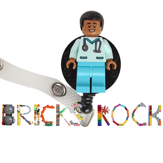 Nurse Doctor Aqua Scrubs Badge Reel Made With LEGO® Minifigure™ Light Brown  Skin Male Pediatric ID Badge Holder 