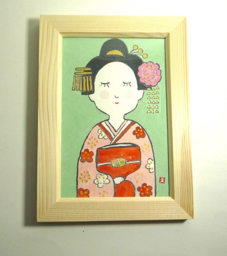 Etegami with wood frame. Traditional Japanese Watercolor Maiko Geisha Japanese Painted Letter