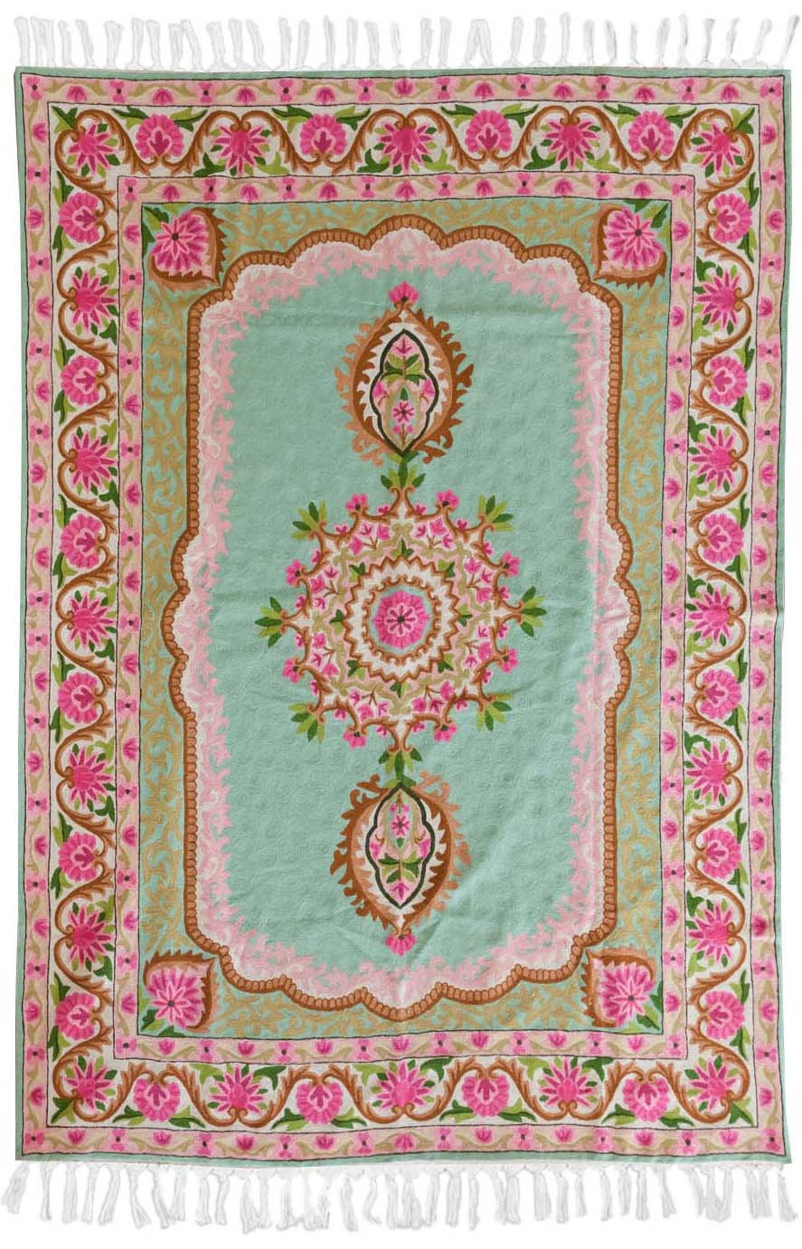 Oriental 5X8 pink and lime green rug made of wool. Striking Etsy