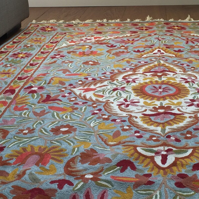 5X8 hand knotted oriental light blue wool rug. Beautiful warm Etsy