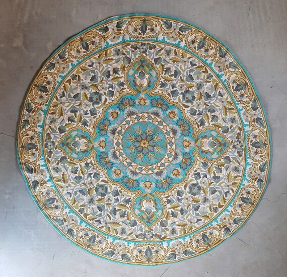 5 Ft Round Rug Made Of Wool Turquoise And Green Mandala 5 Ft Round Rug Made Of Wool Turquoise, Turquoise Round Rug