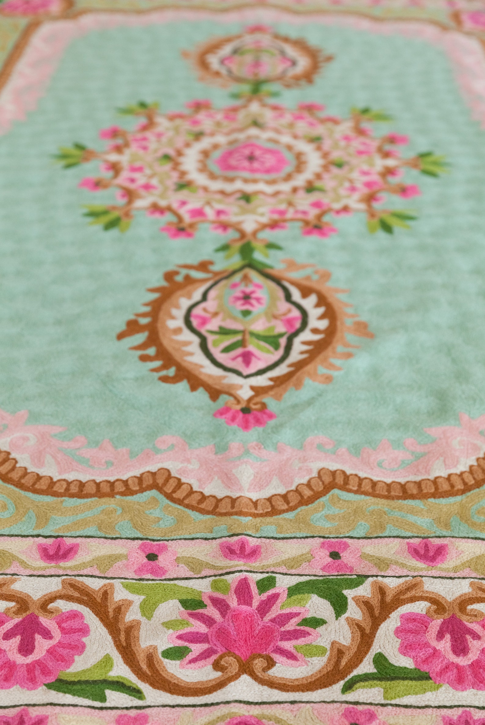 Oriental 5X8 pink and lime green rug made of wool. Striking Etsy