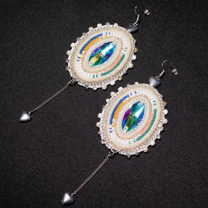 Iridescent White & Silver Heart Beaded Earrings
