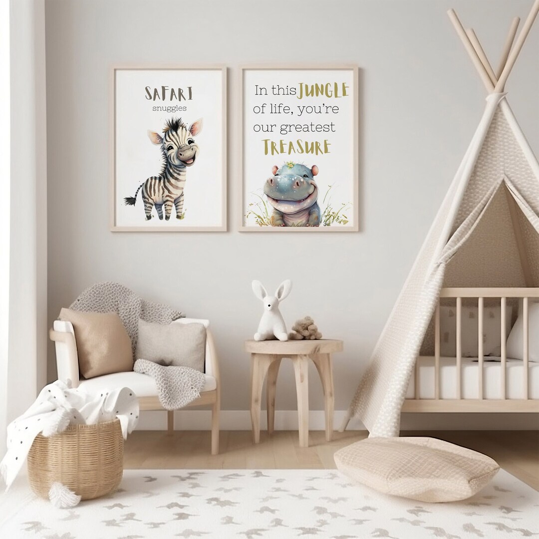 Jungle Nursery Theme Posters Set of 2 Prints Zebra and Hippo Etsy