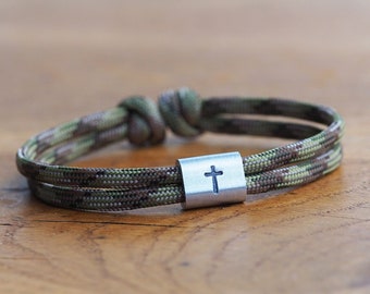 Adjustable boys' rope bracelet with silver slider and embossed cross symbol - Personalizable and available in over 50 colors