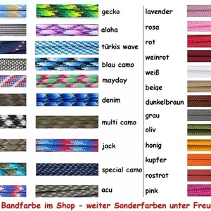 Op de afbeelding: Een tabel met verschillende kleuren en patronen van paracord. De kleuren omvatten: strand, zwart-wit strepen, Nederlandse marine, zwart-wit diamanten, maritiem, bossen, harmonie, woestijn, afgrond, vrijheid, gekko, aloha, turquoise golf, blauw camouflage, mayday, denim, multi-camouflage, jack, speciaal camouflage, acu, lavendel, roze, rood, wijnrood, wit, beige, donkerbruin, grijs, olijf, honing, koper, roestbruin, roze, lila, paars, zwart, marine, donkerblauw, donkergroen, petrol, jeans, turquoise, neon geel, neon oranje, neon groen, neon roze.