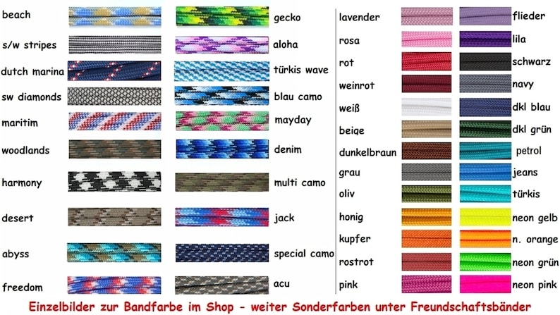 Op de afbeelding: Een tabel met verschillende kleuren en patronen van paracord. De kleuren omvatten: strand, zwart-wit strepen, Nederlandse marine, zwart-wit diamanten, maritiem, bossen, harmonie, woestijn, afgrond, vrijheid, gekko, aloha, turquoise golf, blauw camouflage, mayday, denim, multi-camouflage, jack, speciaal camouflage, acu, lavendel, roze, rood, wijnrood, wit, beige, donkerbruin, grijs, olijf, honing, koper, roestbruin, roze, lila, paars, zwart, marine, donkerblauw, donkergroen, petrol, jeans, turquoise, neon geel, neon oranje, neon groen, neon roze.
