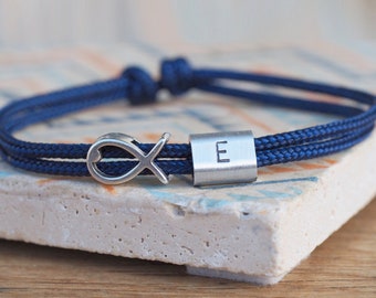 Bracelet dark blue, gift baptism boy, girl, communion, confirmation, fish and element with letters