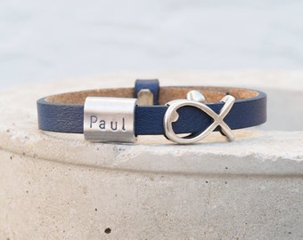 Communion bracelet boy, leather bracelet dark blue