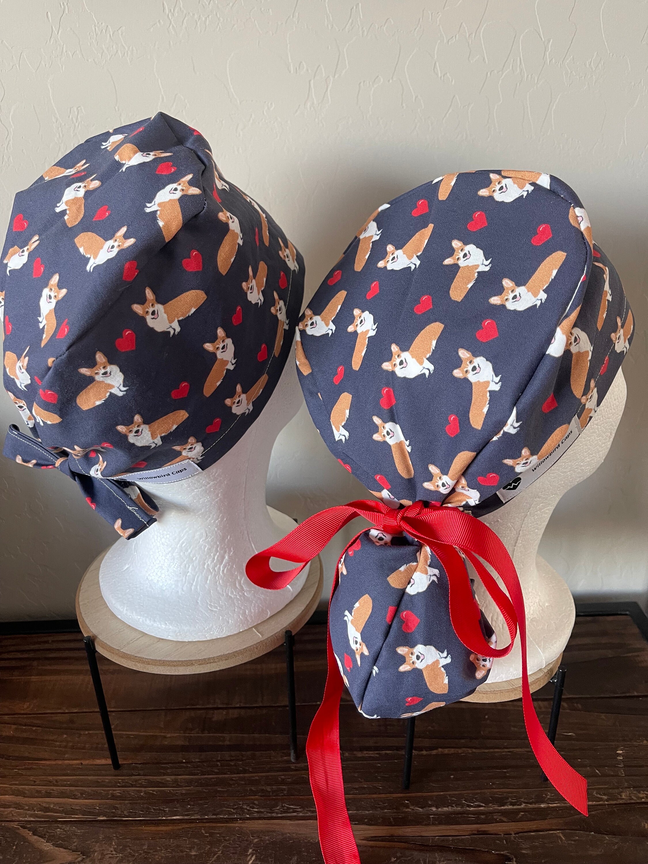 Corgi Love -Scrub Cap with ponytail holder/ shorthair scrub Cap/scrub hat/ surgical scrub cap/ hair cover/ PPE