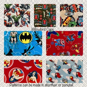 May include: A collage of six different fabric patterns featuring various superhero characters, including Spiderman, Hulk, Batman, Captain America, Wonder Woman, and other superheroes. The text "Willowbird Caps" and "Patterns can be made in shorthair or ponytail" is visible in the image.
