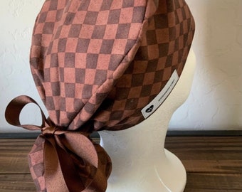 Scrub Cap with ponytail holder/ scrub hat/ surgical scrub cap/ hair cover/ PPE- Brown checkered pattern scrub cap