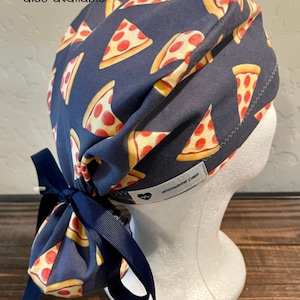 Scrub Cap with ponytail holder/ shorthair scrub Cap/scrub hat/ surgical scrub cap/ hair cover/ PPE- Pepperoni Pizza Love