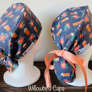 Scrub Cap with ponytail holder/ shorthair scrub Cap/scrub hat/ surgical scrub cap/ hair cover/ PPE- pumpkin Spice Latte scrub cap