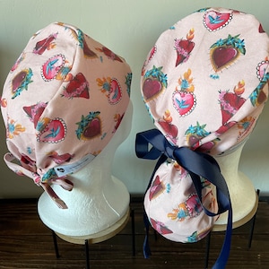 Sacred Heart-Scrub Cap with ponytail holder/ shorthair scrub Cap/scrub hat/ surgical scrub cap/ hair cover/ PPE