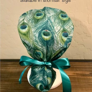 Scrub Cap with ponytail holder/ scrub hat/ surgical scrub cap/ hair cover/ PPE- Peacock Scrub Cap