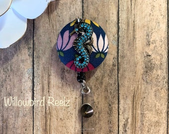 Seahorse Badge Reel – Turquoise Rhinestone Embellishment, RN ID Holder