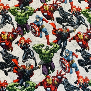 May include: A white fabric with a repeating pattern of various Marvel superheroes, including Iron Man, Hulk, Captain America, Thor, and Black Widow. The superheroes are depicted in a comic book style with vibrant colours and dynamic poses.