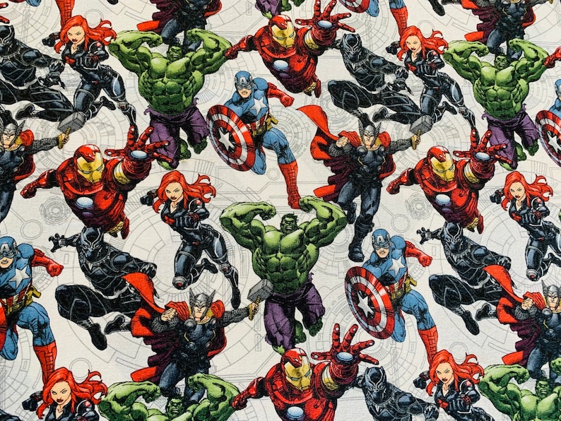 May include: A white fabric with a repeating pattern of various Marvel superheroes, including Iron Man, Hulk, Captain America, Thor, and Black Widow. The superheroes are depicted in a comic book style with vibrant colours and dynamic poses.