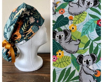 Scrub Cap with ponytail holder/ scrub hat/ surgical scrub cap/ hair cover/ PPE- Scrub Cap- Zoo Animal Friends/ Koala Print