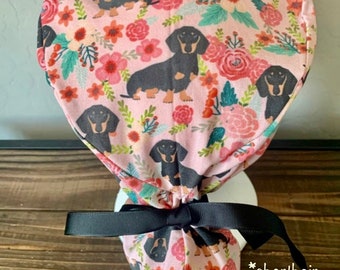 Scrub Cap with ponytail holder/ scrub hat/ surgical scrub cap/ hair cover/ PPE- women’s Scrub Ca— Dachshund scrub cap- Wiener dog cap