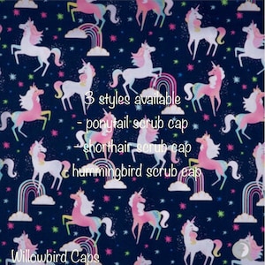Scrub Cap with ponytail holder/ shorthair scrub Cap/scrub hat/ surgical scrub cap/ hair cover/ PPE- Unicorn and Rainbows