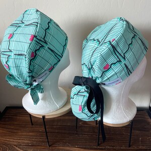 Ekg strip -Scrub Cap with ponytail holder/ shorthair scrub Cap/scrub hat/ surgical scrub cap/ hair cover/ PPE