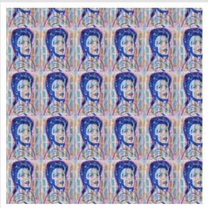 May include: A repeating pattern of a blue and white portrait of a person with a blue background. The portrait is surrounded by a colorful, abstract design.