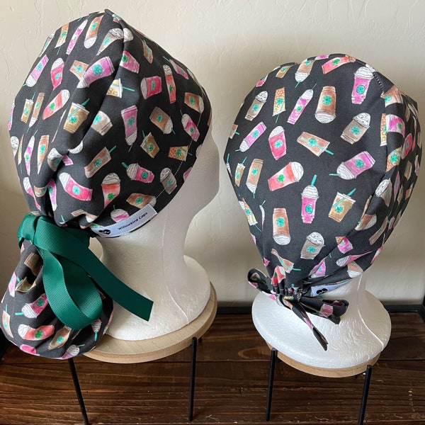 Frappuccino Coffee lover -Scrub Cap with ponytail holder/ shorthair scrub Cap/scrub hat/ surgical scrub cap/ hair cover/ PPE